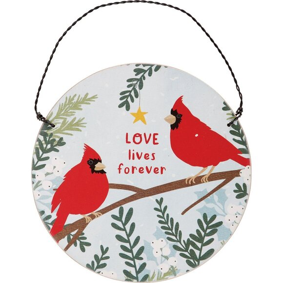 Cardinal Bird Ornament Holiday Gift Wooden Circle 5" Love Lives Forever Decor - Picture 1 of 10